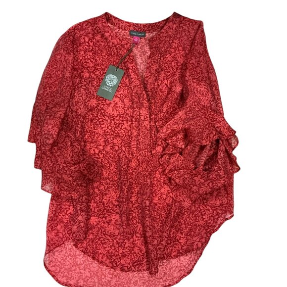 Vince Camuto Women's Pintuck Flutter Sleeve Floral Pattern Voile Blouse Size Sm - Picture 7 of 16